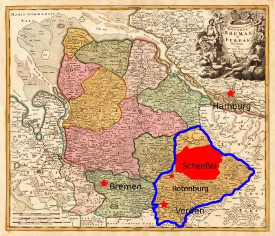 Scheeßel Parish (red) location in the diocese of Verden (outlined in blue) - 17th century