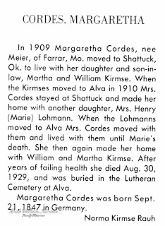 From "Pioneer Footprints Across Woods County 1893-1975" by the Cherokee Strip Volunteer League, 1976. p.138.