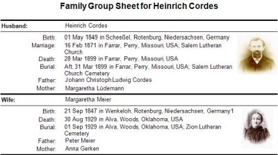 Family Group Sheet for Heinrich Cordes - Parents