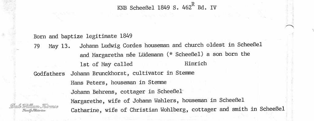 Hinrich Cordes Birth/Baptism Record - Translation