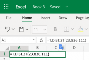 Excel cell entry =T.DIST.2T(23.836,111)