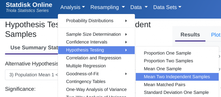 hypothesis testing with 2 means