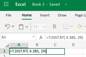 Excel cell entry =T.DIST.RT(4.385,29)