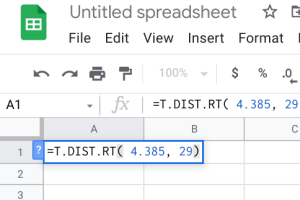 Google Sheets cell entry =T.DIST.RT(4.385,29)
