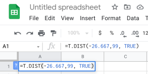 Google Sheets cell entry =T.DIST(-26.667,99,TRUE)