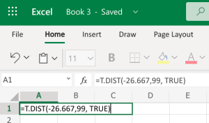 Excel =T.DIST(-26.667,99,TRUE)