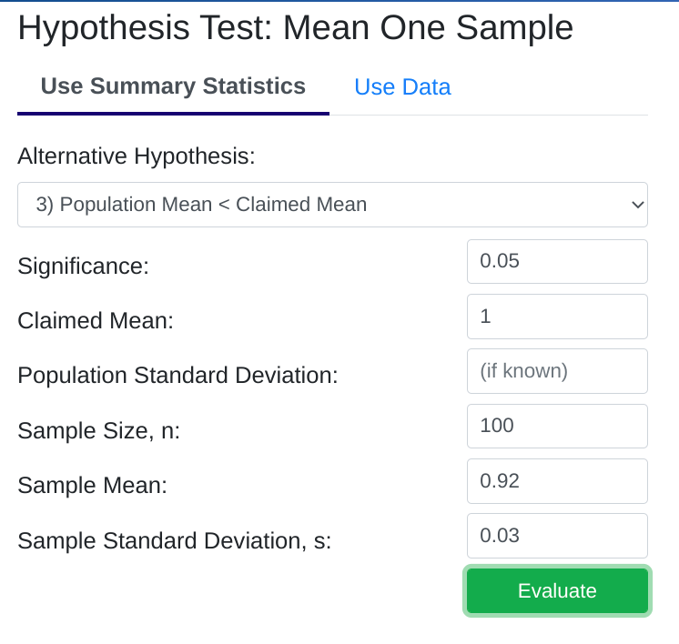 hypothesis testing population mean sigma unknown calculator