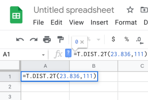 Google Sheets cell entry =T.DIST.2T(23.836,111)