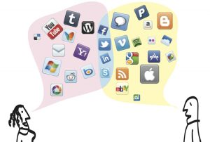 A collage of social media logos such as Twitter and Facebook.