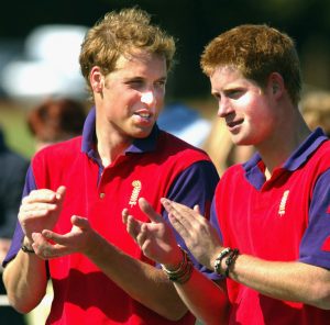 Prince William and Harry of the United Kingdom are shown talking while applauding and wearing brightly colored polo shirts.