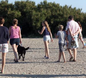Photo shows a family walking with a dog on a beach.