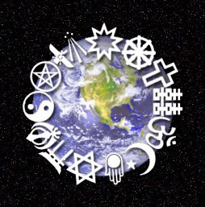 They symbols of 14 religions are depicted in a circle around the edge of an illustration of Earth, with North America and part of South America visible. The Earth illustration is shown sitting in the middle of a starry sky.