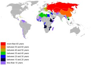 A world map depicting the counties which have adopted a socialist economy, and the length of time which they adopted it for