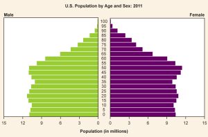 A pyramid graph depicting the 2011 population of the United States, grouped by age