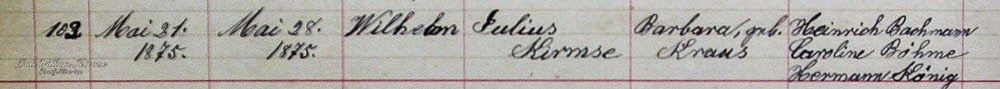 Wilhelm Kirmse Birth/Baptism Record