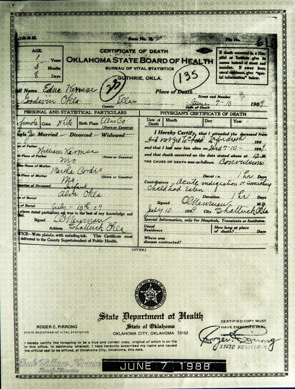 Edna Kirmse Death Certificate