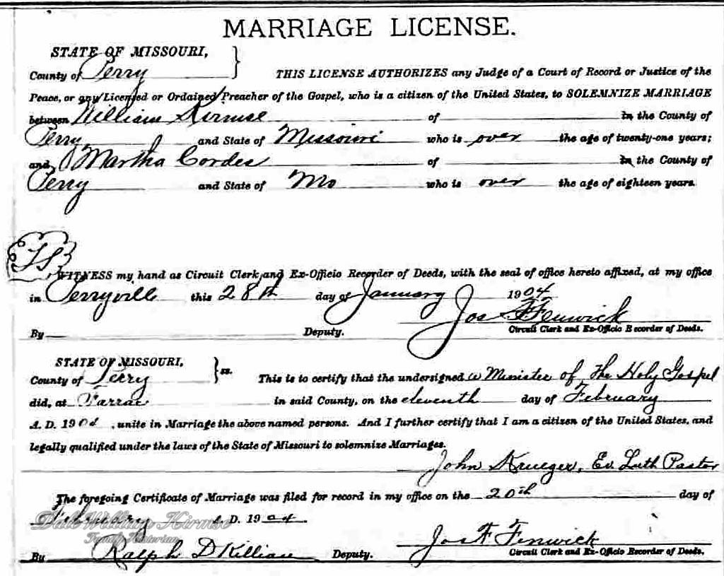 Wilhelm "William" and Martha (Cordes) Kirmse Marriage License[1]