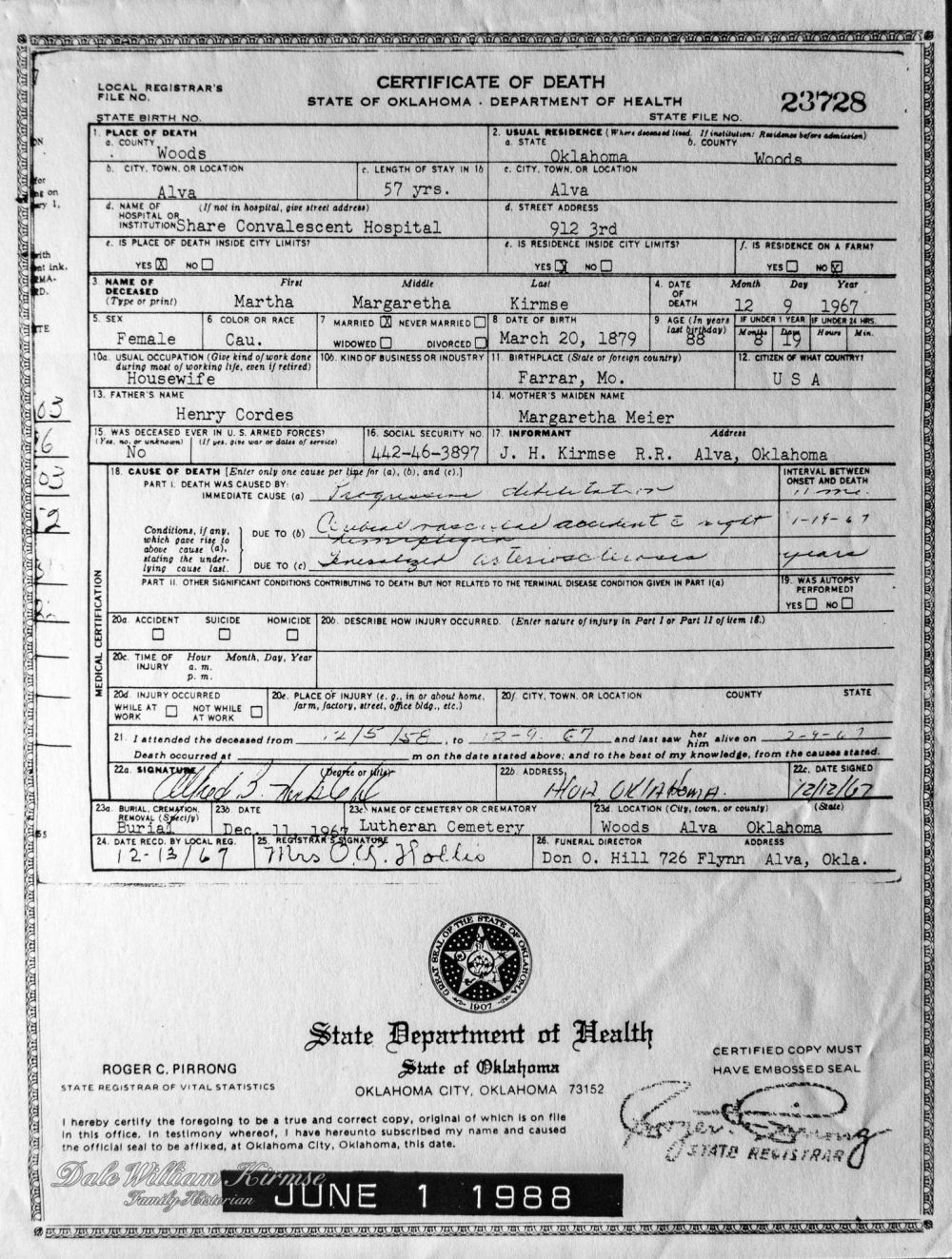 Martha Kirmse Death Certificate