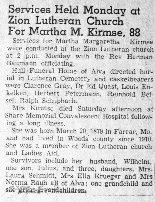 Martha Kirmse Funeral Notice