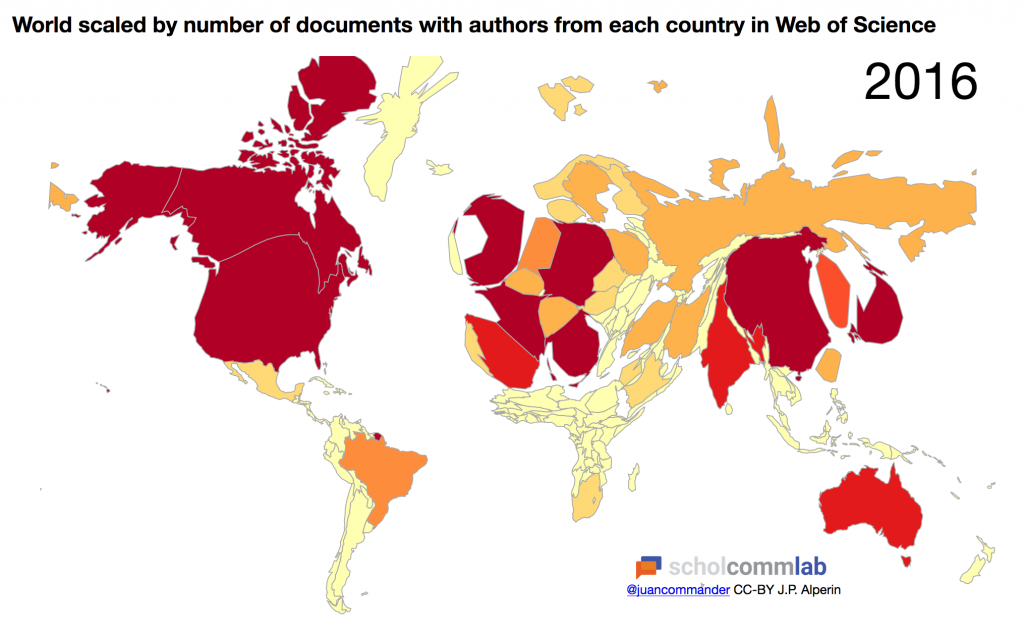 Map of the world titled “World scaled by number of documents with authors from each country in Web of Science: 2016”. The more darkly colored a country, the more documents it produced. The countries colored with dark red represent the largest number of documents and are: the United States, Canada, French Guiana, the United Kingdom, Northern Ireland, France, Germany, Italy, China, Japan. Countries colored with a lighter red are: Spain, India, South Korea, and Australia. Countries colored with dark orange are: Brazil, the Netherlands, Belgium, Switzerland, Sweden, Poland, Russia, Turkey, Iran, and Taiwan. Countries colored with a light orange are: Mexico, Norway, Finland, Denmark, the Czech Republic, Austria, Saudi Arabia, Israel, and South Africa. All remaining countries are light yellow.