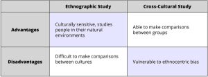 Advantages and disadvantages of two types of cultural study. 1. Ethnographic Study. Advantages: Culturally sensitive; studies people in their natural environment. Disadvantages: Difficult to make comparisons between cultures. 2. Cross-Cultural Study. Advantages: Able to make comparisons between groups. Disadvantages: Vulnerable to ethnocentric bias.