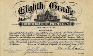 Eighth Grade Certificate of Promotion - 1929