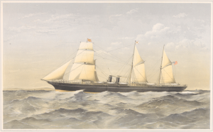 The Royal Mail Steam Packet Company's steam ship Medway (1877), a watercolor print showing the ship (built 1877) at sea, with three masts and two funnels.