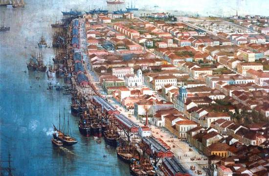 A painting of the port of Santos in the early 1900s by the Brazilian artist Benedito Calixto de Jesus (1853-1927). Ships lie next to the gridded flat city.