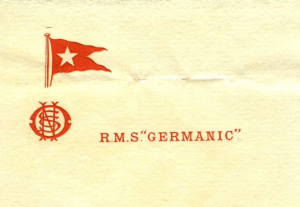 Letterhead of the White Star Line RMS Germanic, with ship's flag (red pennant, white star) and a monogram (made up of the letters WSL) - as well as the name of the ship