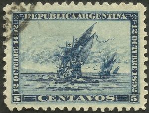 On October 12, 1892, Argentina issued a two-stamp set depicting the caravels of Christopher Columbus – the Niña, Pinta, and Santa Maria. This is the 5 cent one.