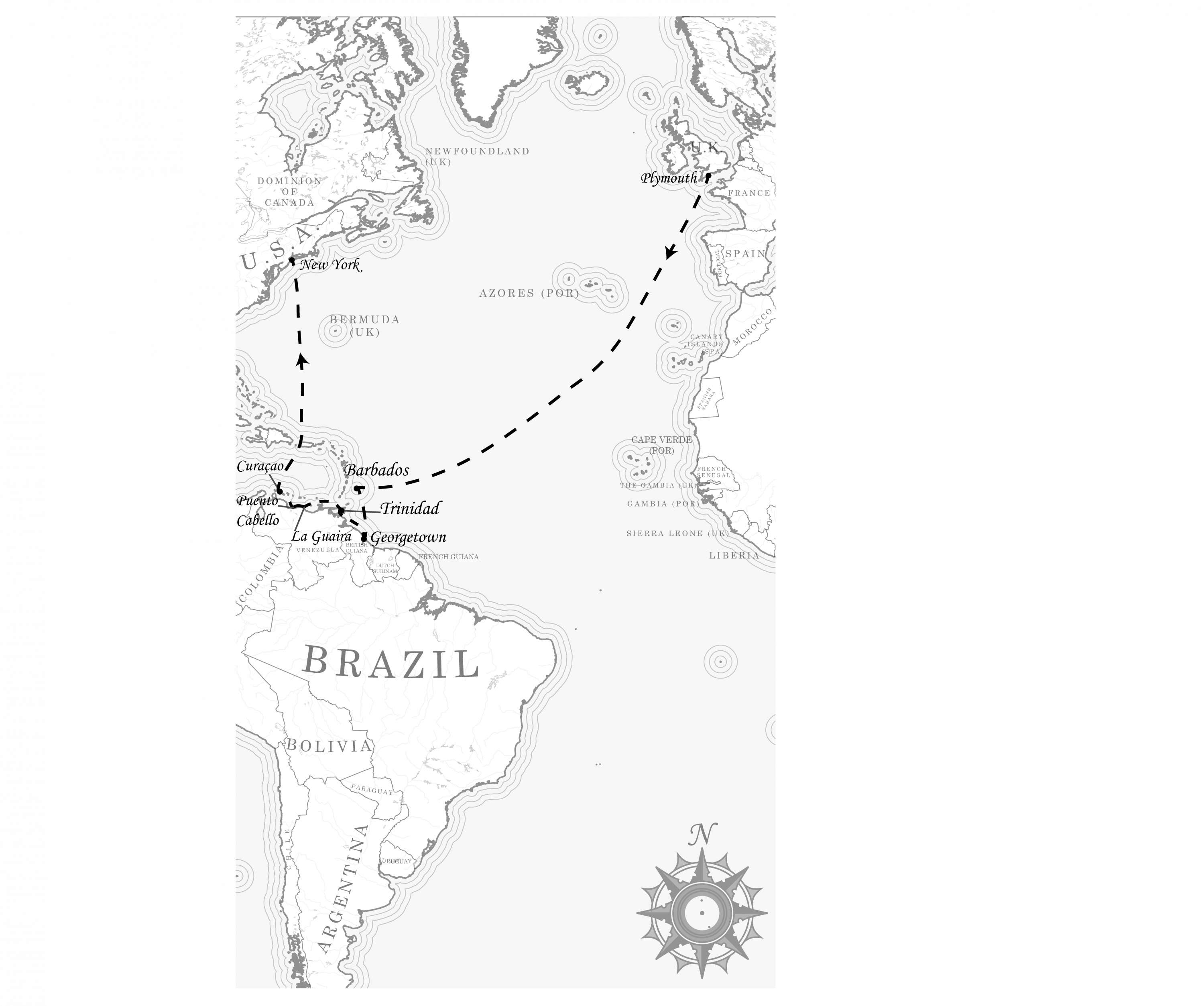 Map of the 1889-1890 voyage by John McCaldin Loewenthal, showing the places mentioned in the letter and an approximate route for his travels from Plymouth to South America and then to New York