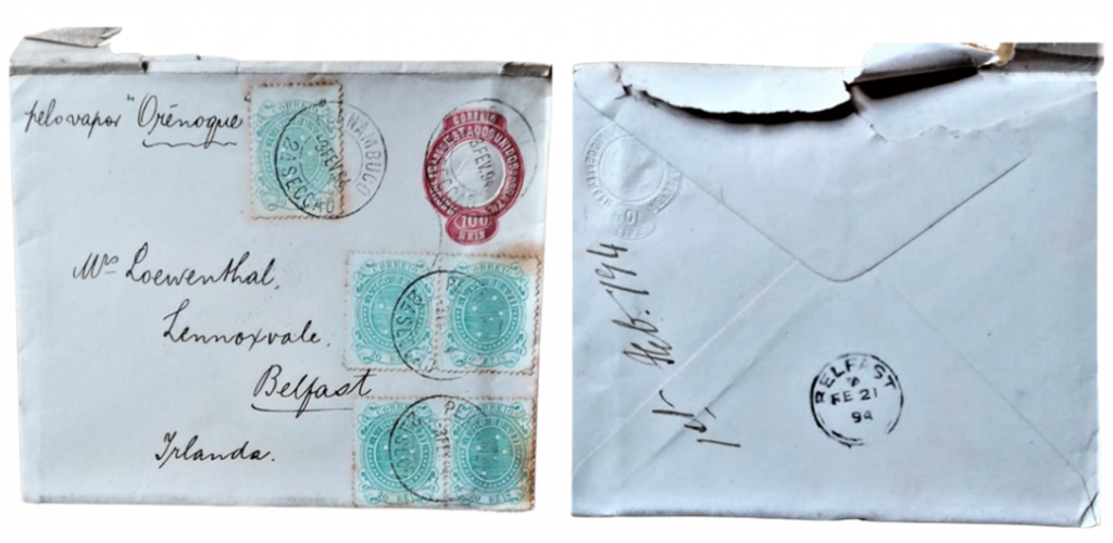Front and back of the envelope containing a letter sent by JMcC to his mother from Pernambuco, 1st February 1894: https://doi.org/hbtx