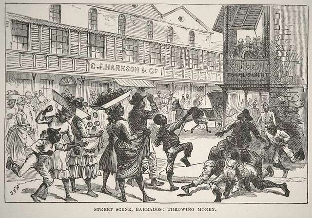 Elaborately dressed white people walk in front of a storefront reading C. F. Harrison & Co as darker skinned people, some carrying fruit on their head, grab for money being tossed from a balcony. The print is from 1889 and is entitled "Street Scene, Barbados-Throwing Money" but the source is not noted.