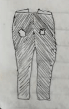 A sketch by JMcC of the location of the holes in his trousers (over the buttocks) that constant sitting in cane chairs has caused