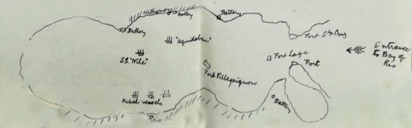 Map of the Rio harbor showing positions of the various ships and the three forts that guard the mouth of the Guanabara Bay. Sketch by JMcC.