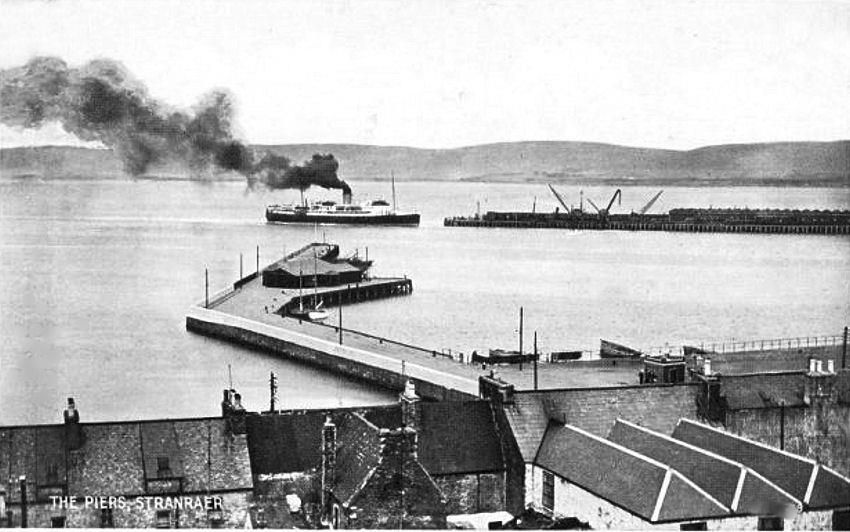 Stranraer ferry from an early 1900s postcard of the piers.