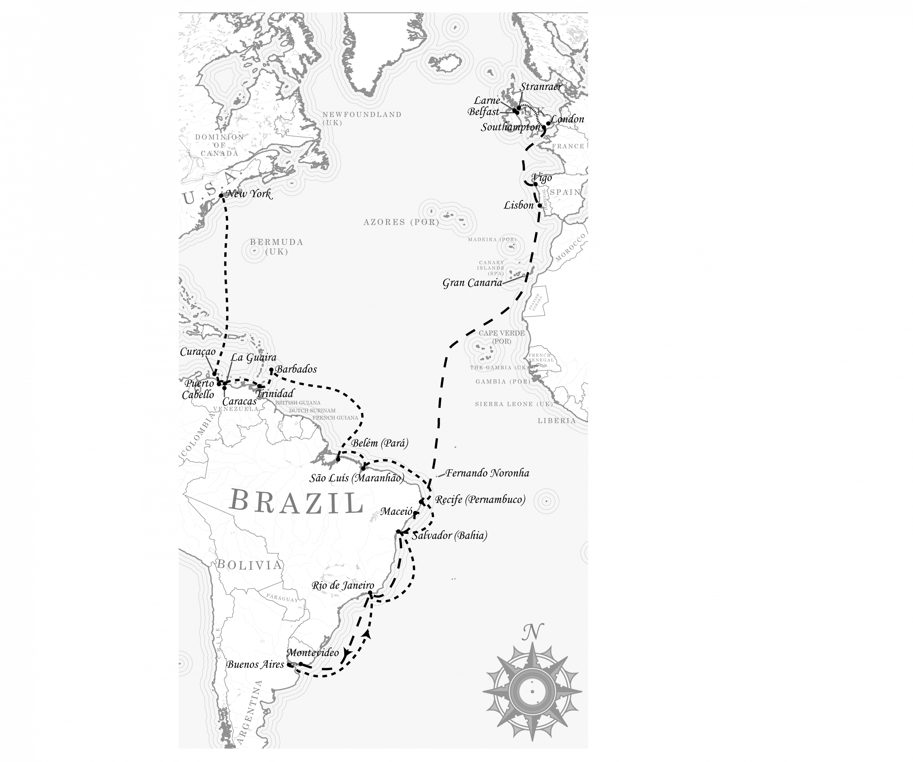 Map of the 1893-1894 voyage by John McCaldin Loewenthal showing his travels from the UK to South America and then to New York