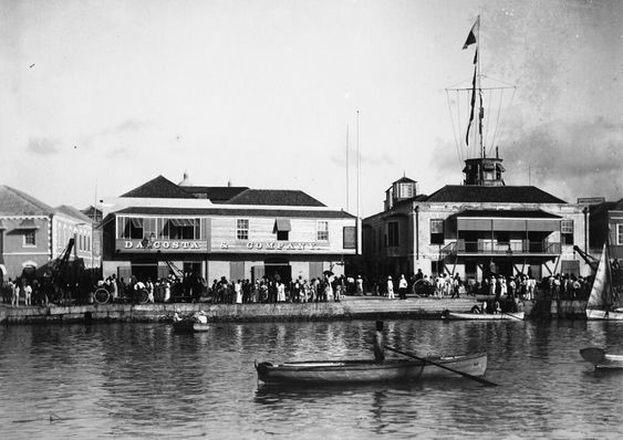 The Careenage in Bridgetown, Barbados, with ships unloading goods for the Da Costa warehouse, ca. 1890.