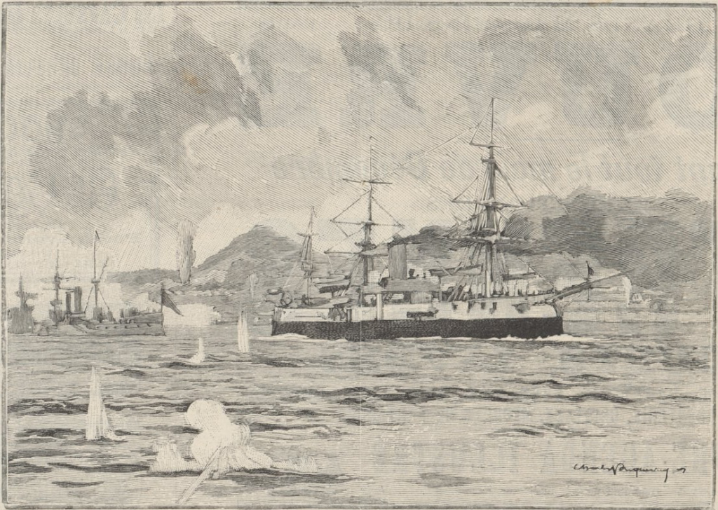 The Aquidaban bombarding the forts of Rio de Janeiro print by M. Fouqueray, copied from a photograph. Reproduced in the Le Monde Illustre of 16th December 1893.