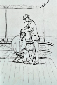 A sketch of haircutting on board the SS Coleridge, drawn by Edgecumbe