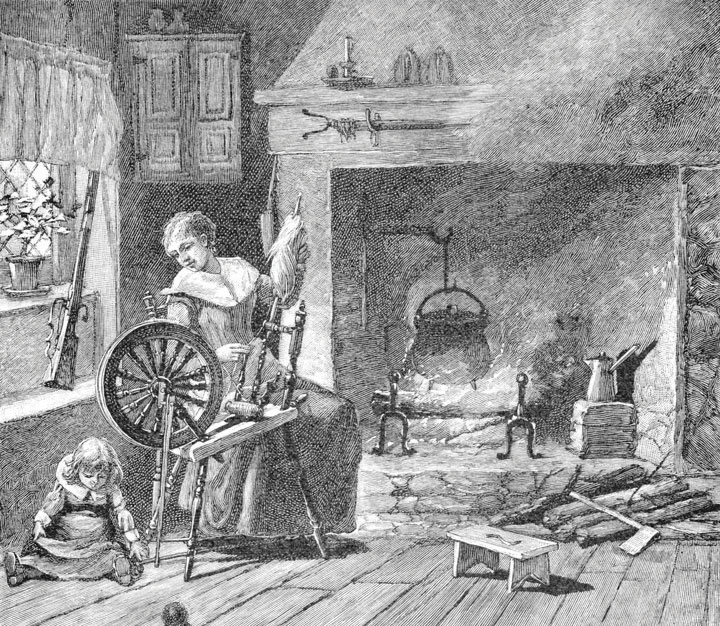 A woman, in colonial America, using an old fashioned sewing wheel as she watches her child