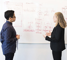 Two coworkers stand in front of a whiteboard discussing a flow chart.