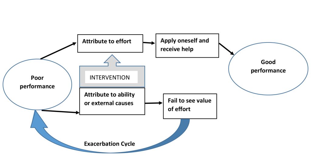 after poor performance, attribution to effort leads to success, whereas attribution to ability or external causes leads to insufficient effort to succeed