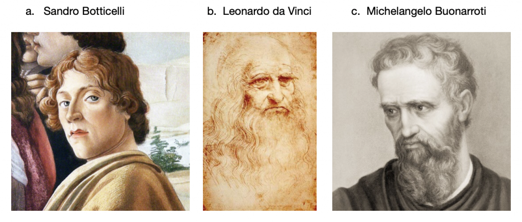 Portraits of Botticelli, da Vinci and Michelangelo