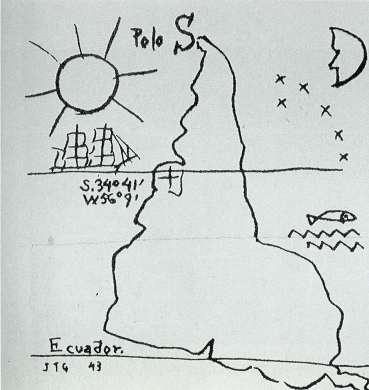 Line drawing of South America. The sun is at the upper left next to the words "Polo S". A half moon is in the upper right, with six crosses below it. A horizontal line crosses the drawing at midpoint. A sailing ship is at the left, under the sun, with coordinates below (S. 34° 41’, W. 56° 9’). Below that horizontal line to the right of the coastlines of Peru and Ecuador is a drawing of a fish with two wavy lines below. A horizontal line at the bottom of the drawing is labelled “Ecuador”. Catalog numbers unrelated to the drawing are at the bottom of the image.