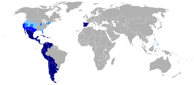 World map with Spanish-speaking regions indicated in blue