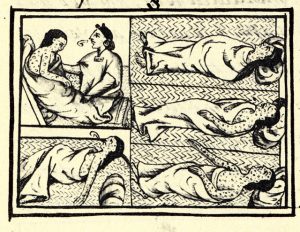 Black and white illustration from the Florentine Codex (16th century). An unaffected European is shown coughing on indigenous people, who display symptoms of smallpox--coughing, spots, and prostration.