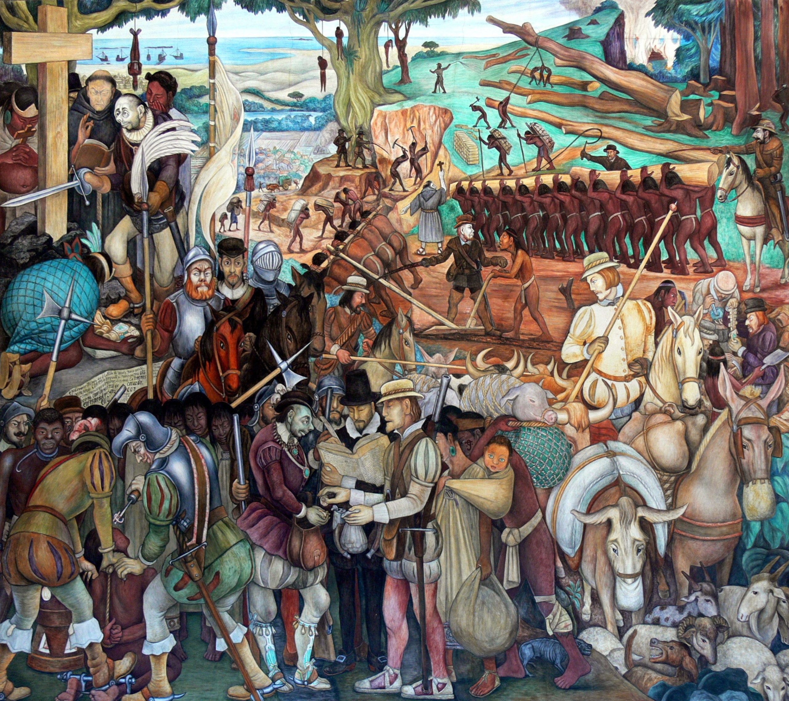 A detail of Diego Rivera's mural in the Palacio Nacional de México. In the background are Spanish galleons in a harbor and a valley with a lake and cultivated fields. To the right, a stepped pyramid is engulfed in flames and smoke. From background to foreground, indigenous men in loincloths are depicted as being hanged, carrying heavy loads of lumber from a denuded hillside, working with pickaxes, serving as pack animals to pull a plow under the supervision of armed European men, who are dressed in doublets and jerkins and some, in armor. Some of them are on horseback. Sheep, oxen, pigs, and dogs are driven through the street. At the left, an indigenous man holds a cross and prays before a larger cross. Beside him stands a priest with an open Bible; a well-dressed and plumed indigenous man kneels before him with a tribute of gold. A shackled African man is held in a kneeling position by two European men, one of whom holds a branding iron, while a second African man, wearing an iron collar on his neck, looks on. The conquistador Hernán Cortés is in the center foreground, looking sick and pale; a European man pays him the tribute received from the native inhabitants of the land while another European man writes a record of the transaction in a book. An indigenous woman, La Malinche, with large jade earrings and a green-eyed baby on her back serves as interpreter.
