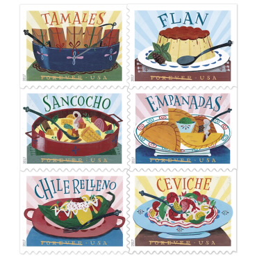 Image of six US postal stamps portraying iconic Latino foods: Tamales, Flan, Sancocho, Empanadas, Chile Relleno, and Ceviche. The foods are rendered by the artist as colorful cartoons.