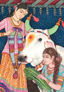 Image showing a garland of flowers and special food for cows regarded as an honored symbol in Hinduism